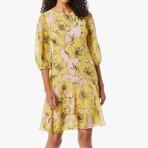 Taylor Yellow Floral A-Line Dress Pink Puff Sleeve Fit & Flare Size 4 orig $138